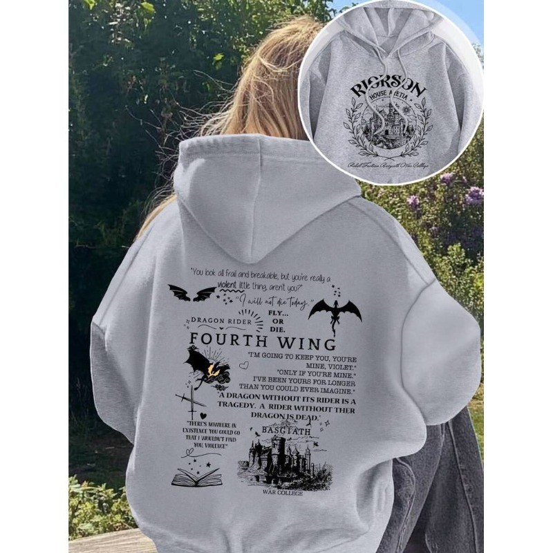 Blusa De Frio Moletom Casual Streetwear Feminino Estampa de Dragão Fourth Wing Estilo Gótico