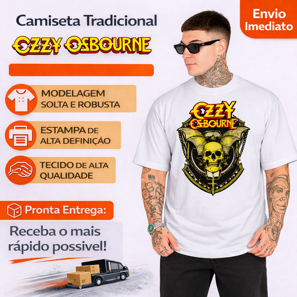 Camiseta Tradicional Ozzy Osbourne Skull Wing – Estampa Rock Streetwear Premium