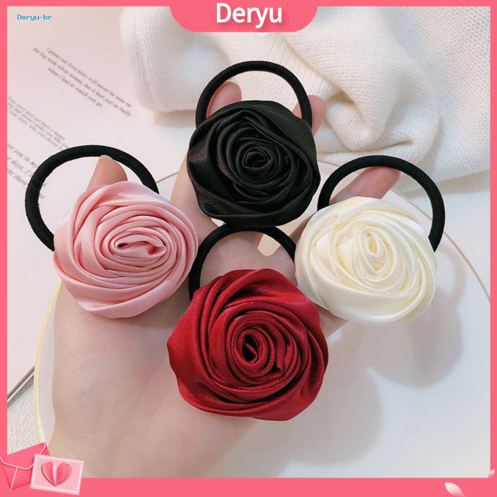 Stitched Hair Band High Rebound Rope Style Satin Tie with 3d Rose Flower Soft Smooth Fabric Elegant Handcrafted Petal De