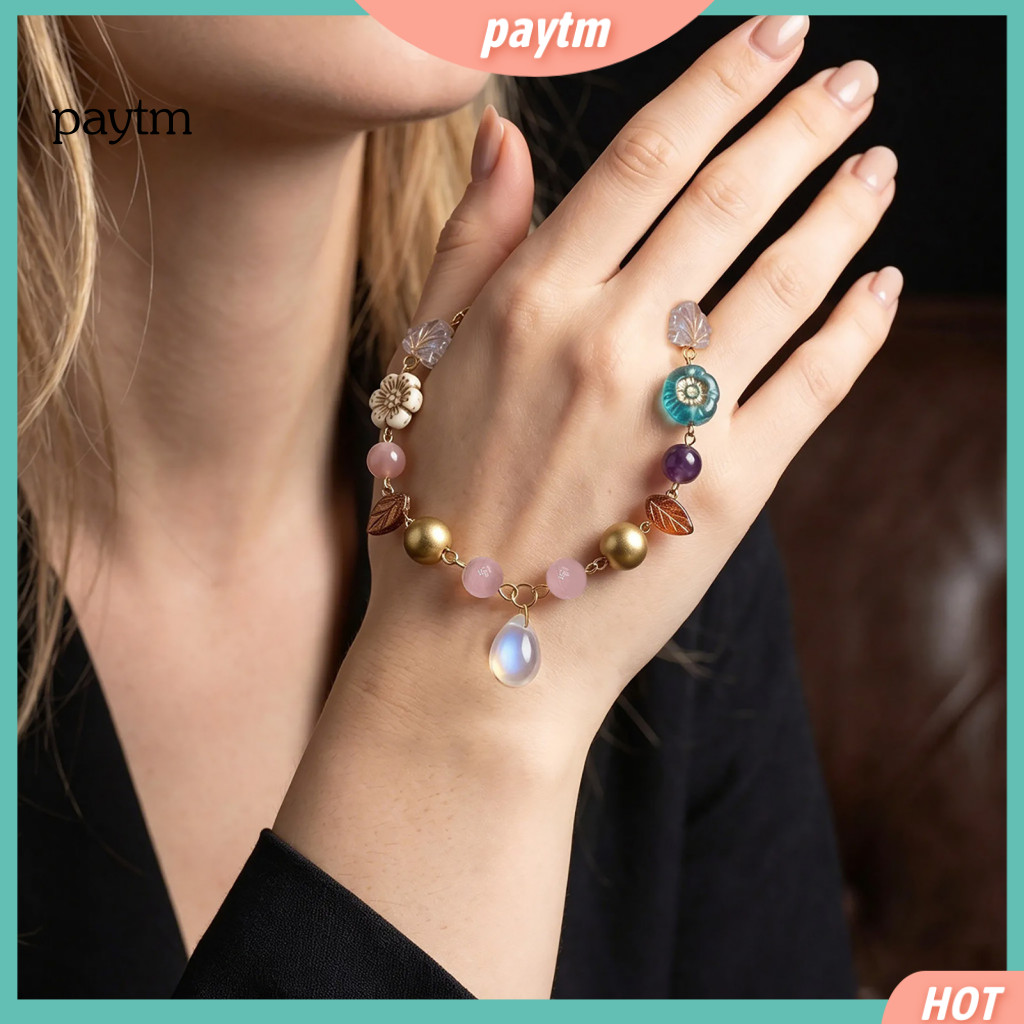 Colorful Flower Beaded Chain Handcrafted Bracelet Vintage Gemstone Leaf with Teardrop Charm – Retro Bead Jewelry for W