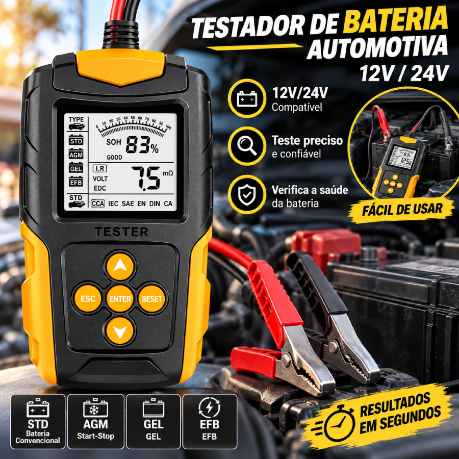 Testador de Bateria 12V/24V Analisador LCD Diagnóstico Automotivo Medição 3ah-200ah