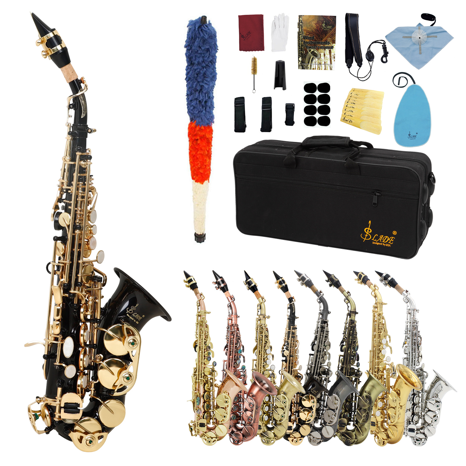 SLADE Saxofone Soprano Bb Flat Sax Corpo De Latão Profissional Instrumento De Sopro Caso Reed Neck Strap Acessórios Pres