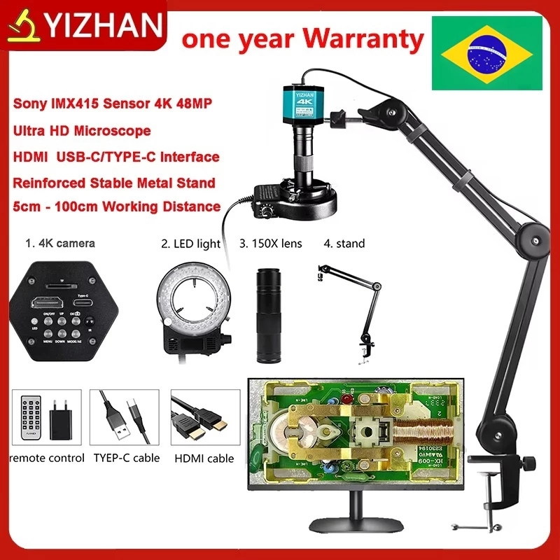 YIZHAN Microscópio digital 4K, 2160P, para eletrônica, usb, câmeras industriais, hdmi, 1-150x, zoom HDMI+TYPE-C