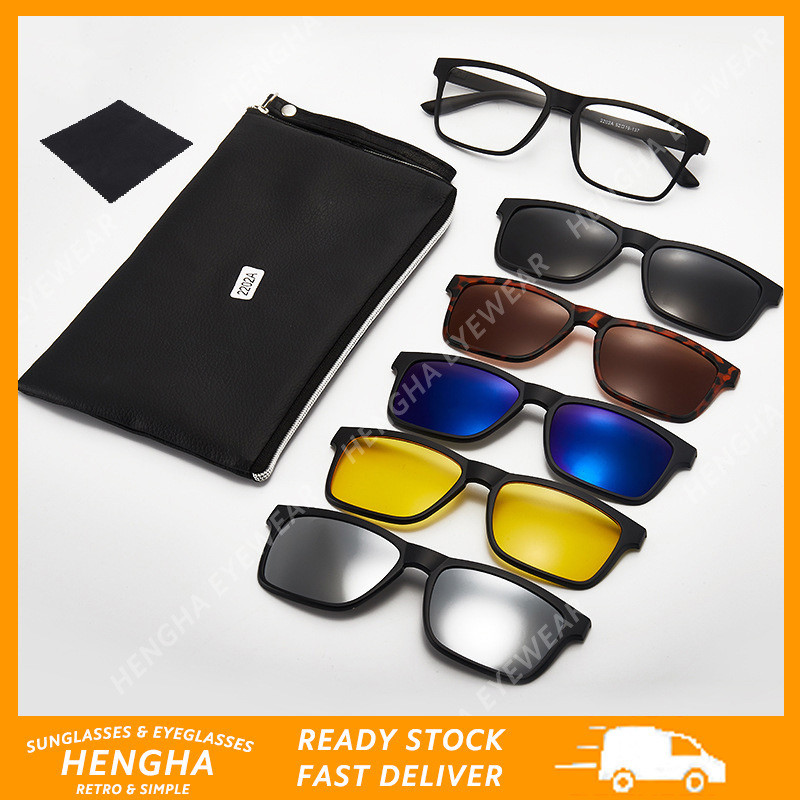 (HENGHA) Óculos De Sol 5 Em 1 Conjunto Magnéticos Clip-On Day/Night Driving Vision