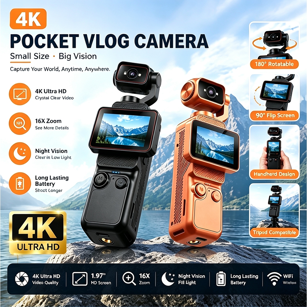 Câmera De Ação Vlog De Bolso 4K 180 ° Lente Giratória 1.97 