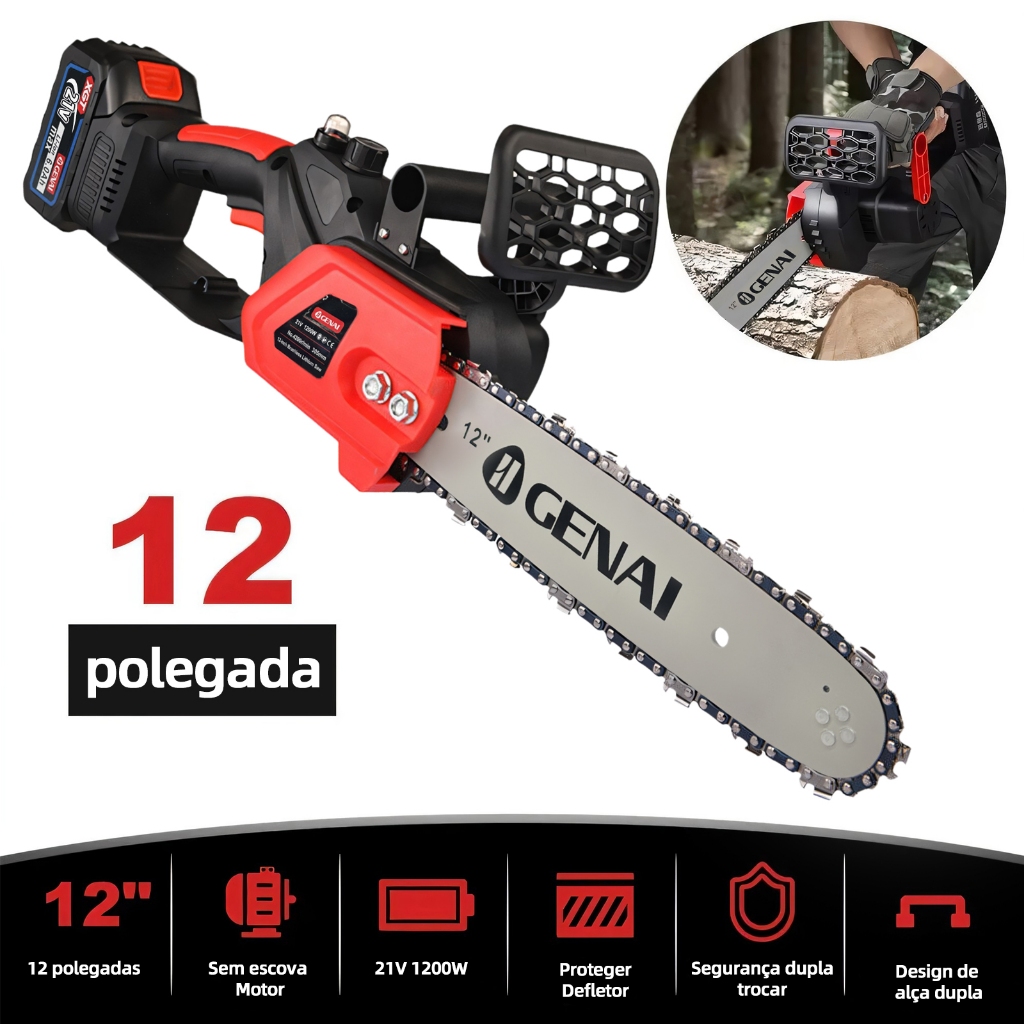 12-Inch Electric Chainsaw with 2-21V Batteries Complete Super Strong Portátil