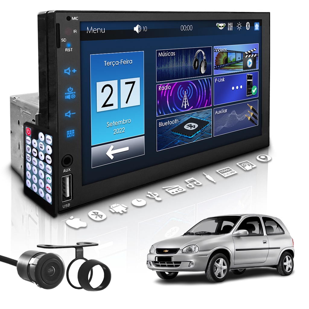 Central Multimídia Universal Mp5 Bt 1 Din 7 Espelha Dvd Câm Gm Corsa