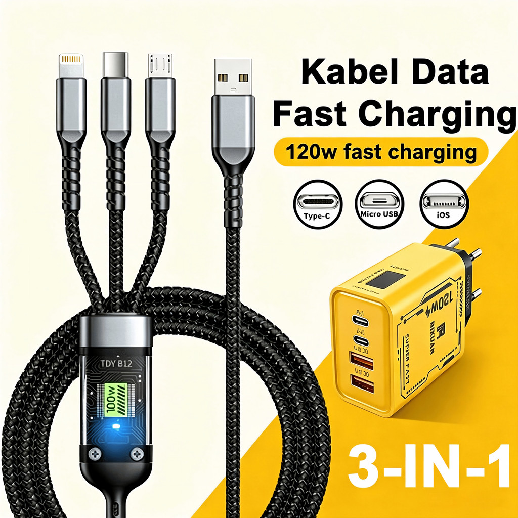 Data cable 3 in 1 120W super fast charging Type-C for iPhone ios USB Android braided one to three data cable - black