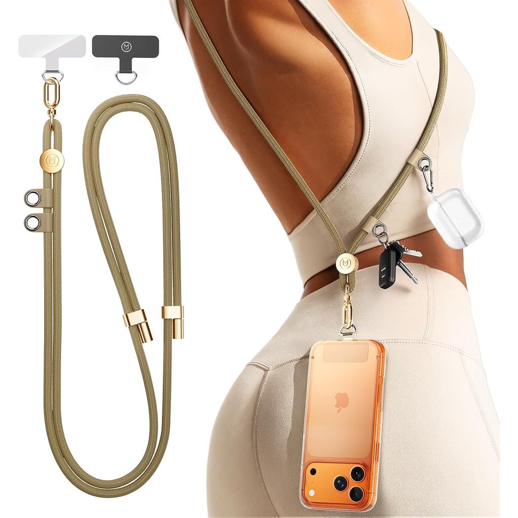 Phone Lanyard Crossbody with 2 Hanging Loops: Metal Buckle Adjustable Skin-Friendly Cell Phone Strap for iPhone Around,H