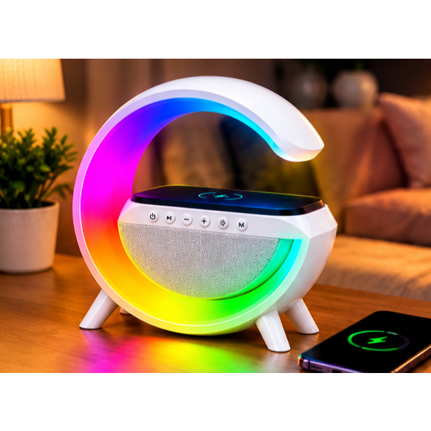 Caixa de Som Bluetooth com LED 7 Cores Carregador Wireless Rádio FM USB TF AUX Som Hi-Fi Branca
