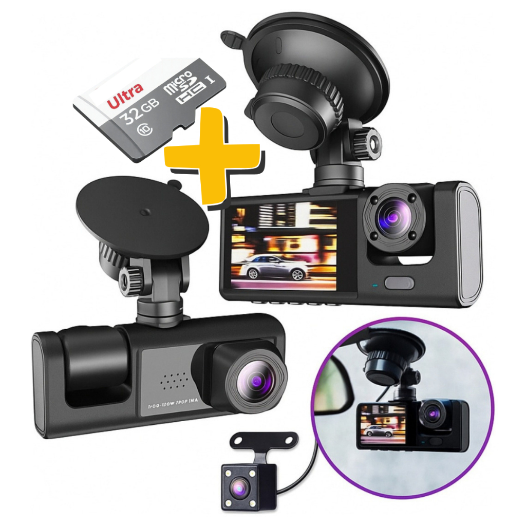 Kit Câmera Veicular Tripla Segurança Carro Taxi Uber 99 Full Hd Gravador Automotivo + Cartão de Memória 32GB Classe 10