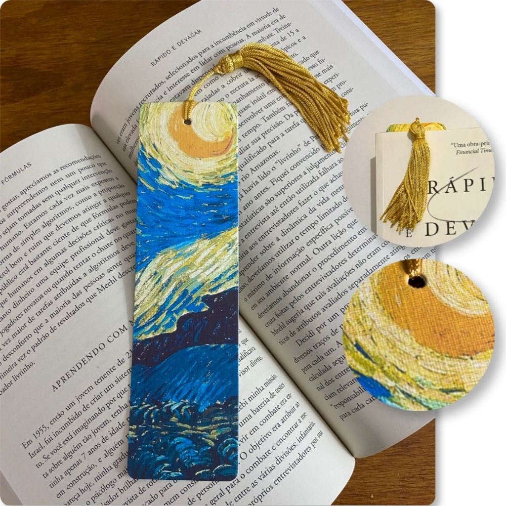 Marcador de Páginas especial com Tassel - Noite estrelada - Van Gogh - Textura linho - Ler & Ser - Seja Mais