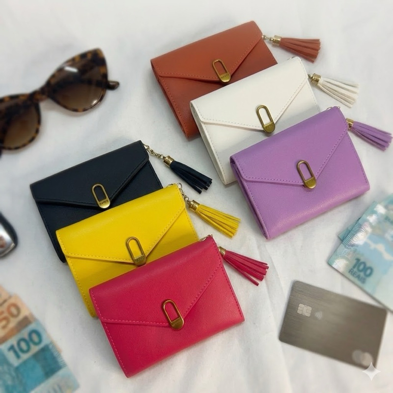 Carteira Feminina Compacta Porta Cartões e Dinheiro com Ziper Tassel Pequena Com Botão Ref.CH642