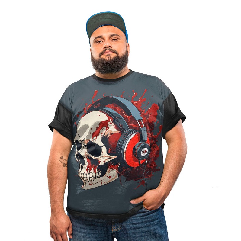 Camiseta Plus Size Caveira Fone Music Skull Rock Metal