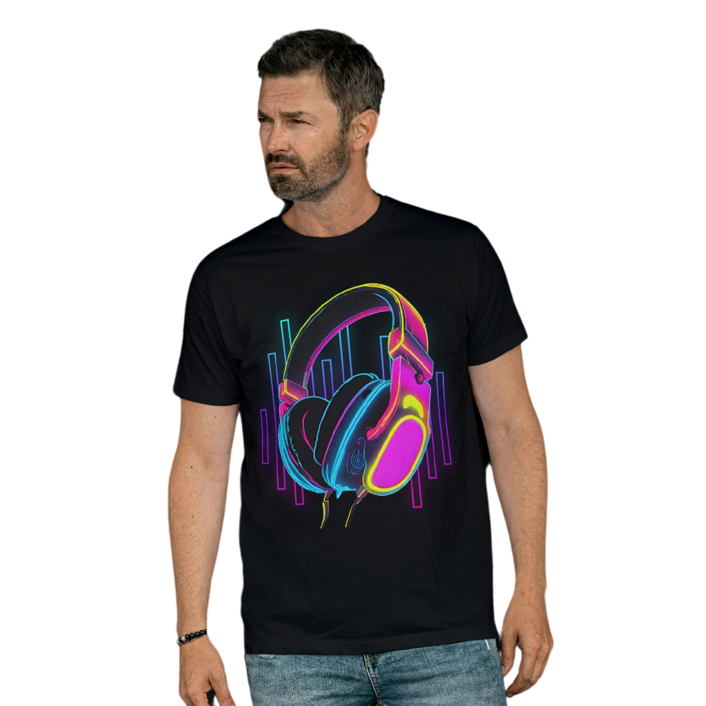 Camiseta 100% Algodão Fone Headphone Music Neon Retro Party Moda