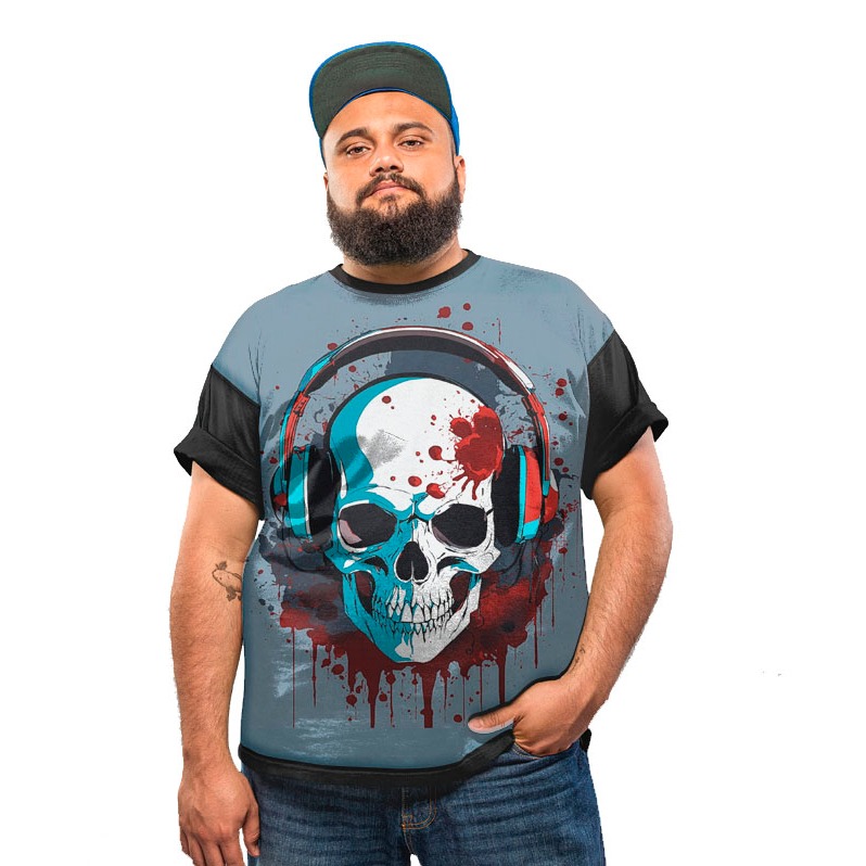 Camiseta Plus Size Caveira Fone Music Headphone Skull Rock