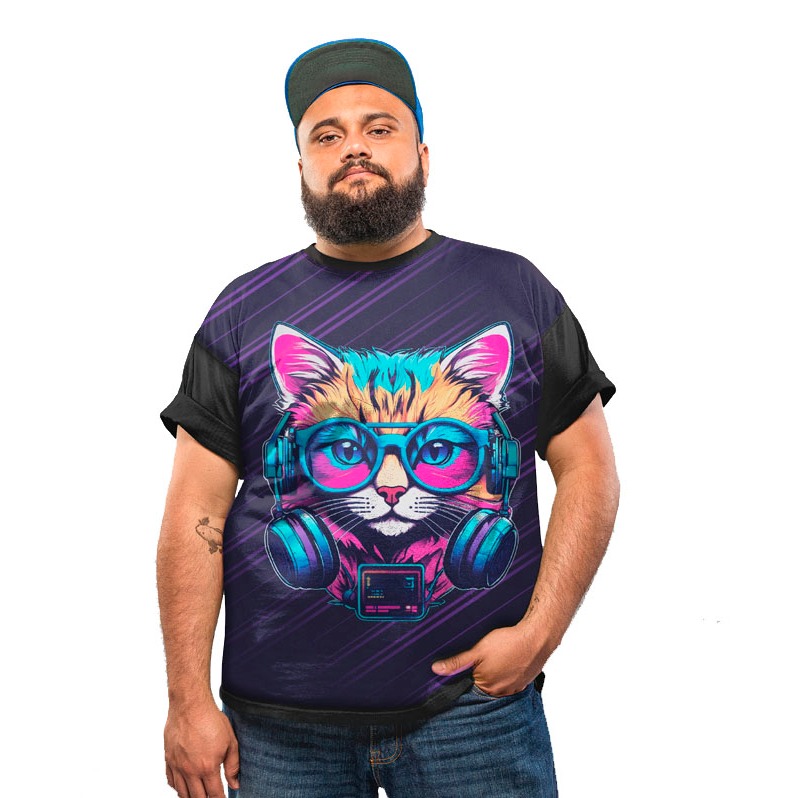 Camiseta Plus Size Gato Cat Fone Music Psicodelico Neon Party