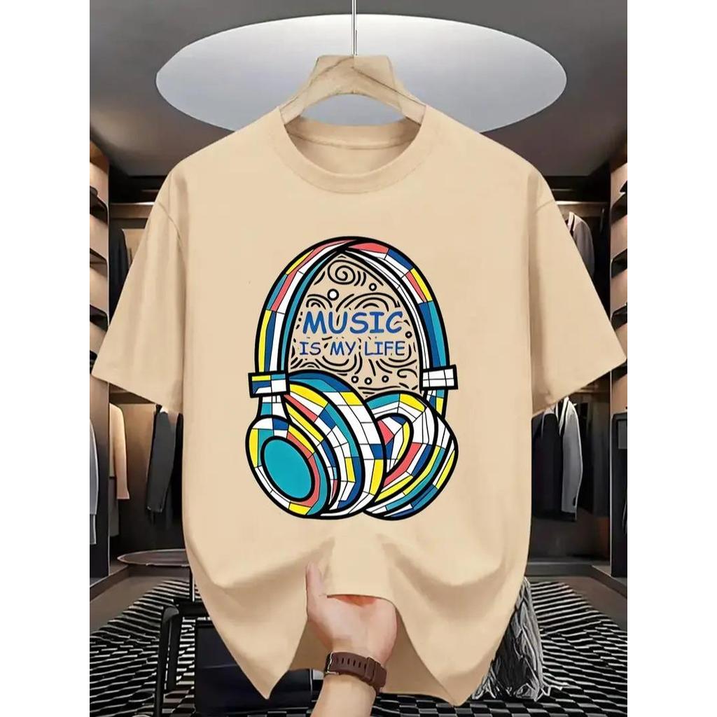 Camiseta Masculina Streetwear Algodão Penteado Infantil Adulto Plus Size Estampa Music My life Fone Colorido