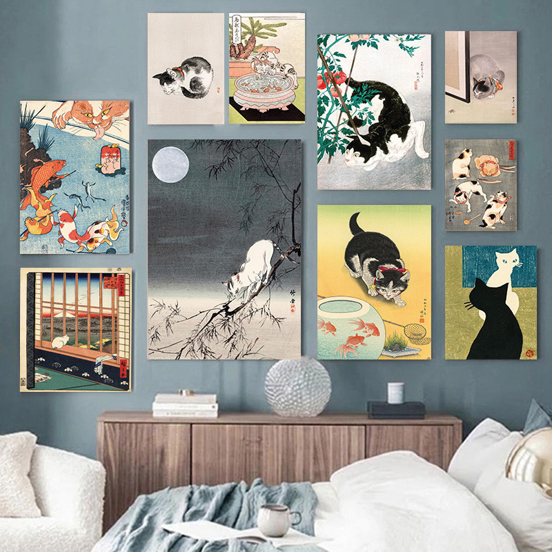 (Com Moldura) Clássico Japonês Ukiyo-e Cat Canvas Print Vintage Painting Poster Tradicional Fofo Gatinho Animal Art Deco