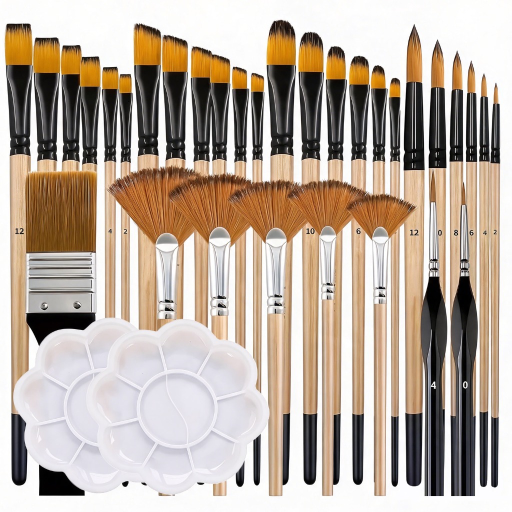 Kit 34 Pinceis Para Pintura Em Tela Aquarela Óleo Painting Nylon Bristles for Acrylic Canvas Oil Watercolor Students