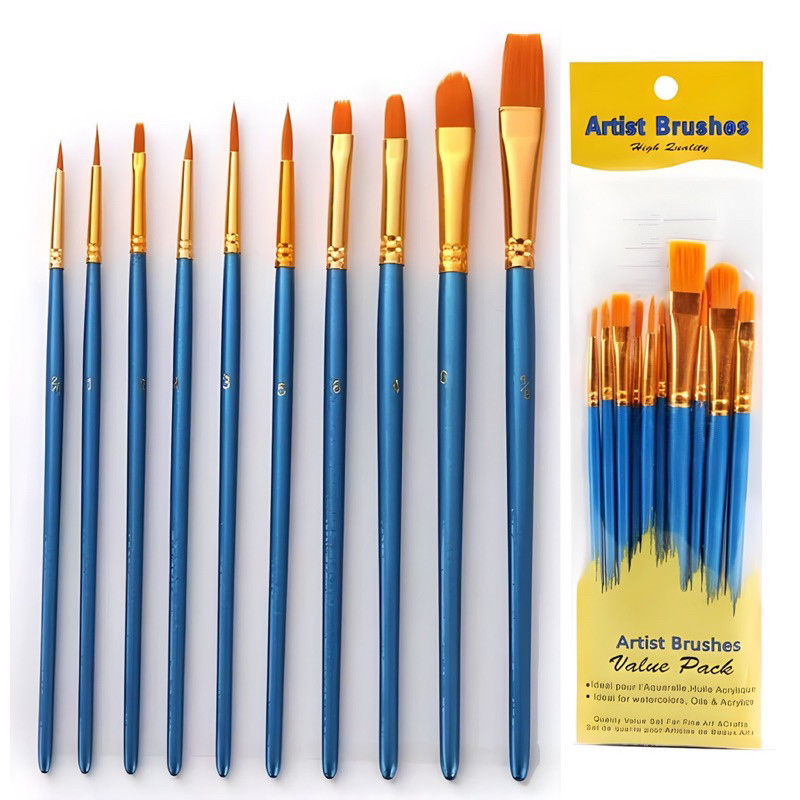 Kit 10 Brushes Artistic Painting Brush Soft Bristles Crafts Canvas Watercolor Oil Acrylic Fabric