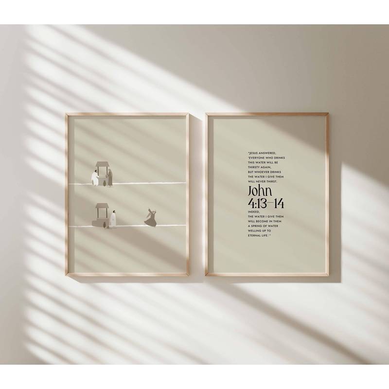 Jesus Christ Woman Well John 4 13-14 Scripture Set Poster No Frame Canvas Wall Art Painting Religious Study Decor