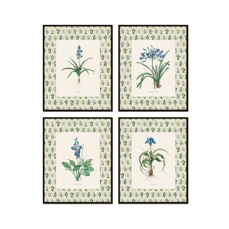 French Blue Botanical Block Print Set Poster No Frame Canvas Wall Art Painting Grandmillennial Bedroom Living Room Decor