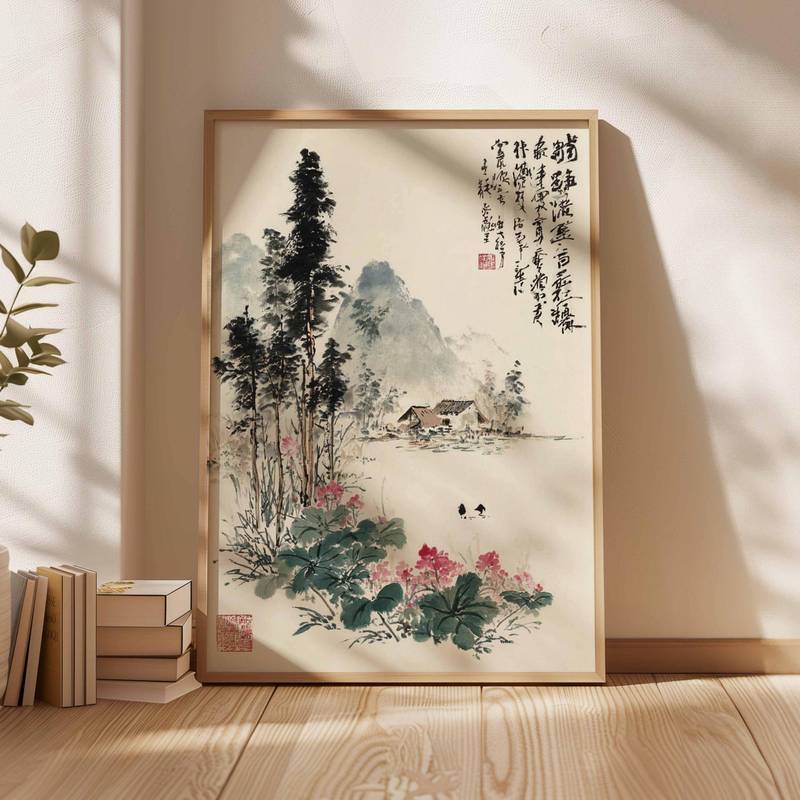Chinese Ink Landscape canvas painting poster  Misty Mountain River, Zen Art Flower  wall decor