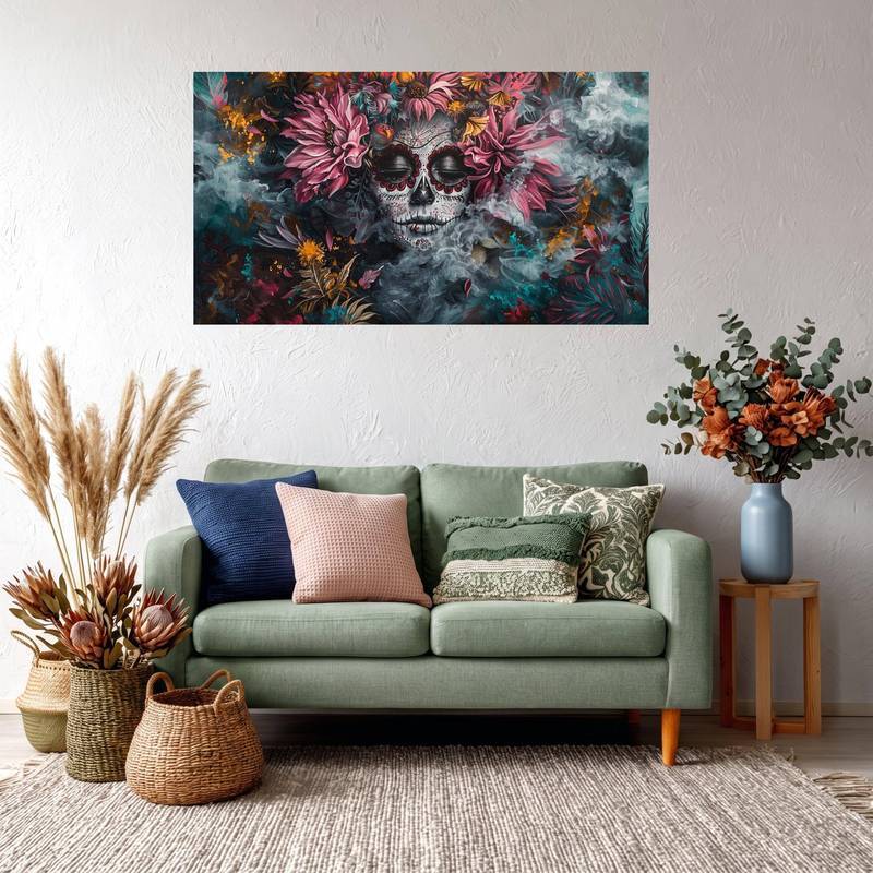 Modern Day of the Dead Floral Skull Colorful Mexican Folk Art Contemporary Poster No Frame Canvas Wall Art Painting Vibr