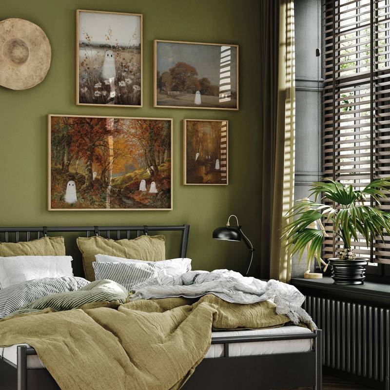 Cute Ghosts Autumn Landscape Vintage Poster No Frame Canvas Wall Art Painting Living Room Halloween Decor
