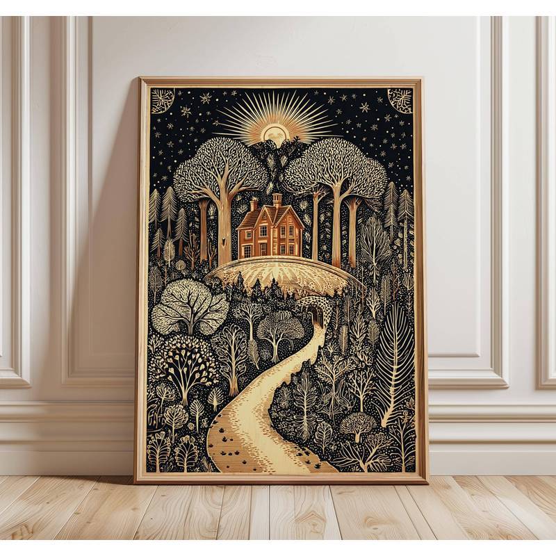 Winter Cottage canvas painting Cozy Christmas Wall Art, Snowy Landscape Poster  Linocut Style Artwork, Warm Holiday Home