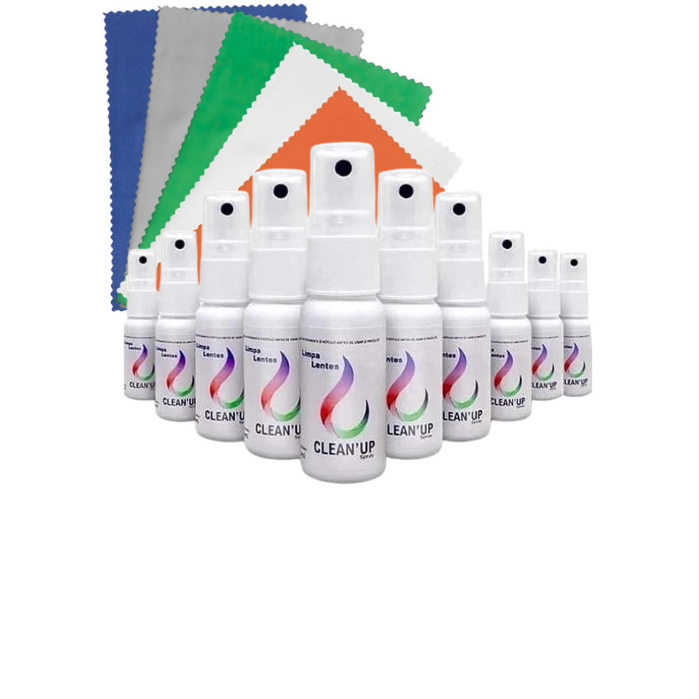 Kit 10 Limpa Lentes Atacado Clean Up 25ml + 10 Flanelas Óculos Tv LCD Plasma Celular