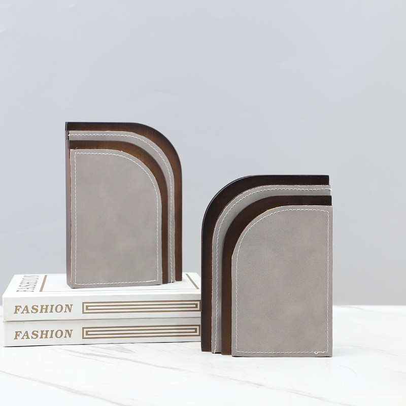 91IG Nordic-style creative wooden layered and spliced leather bookends, decorative ornaments for study rooms, bookshelve
