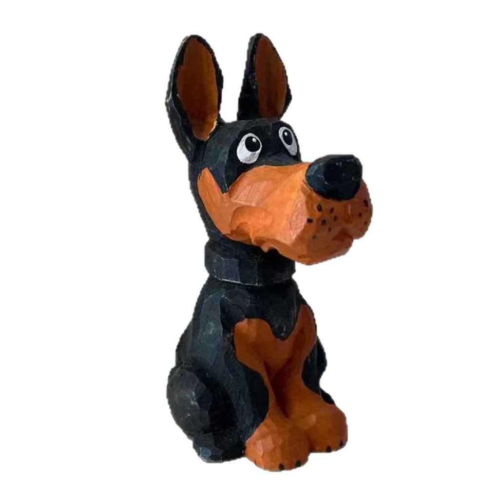 Hand Carved Doberman Wooden Ornament – Cute Dog Figurine for Home Decor Shelf Entryway Decoration Creative Animal Scul
