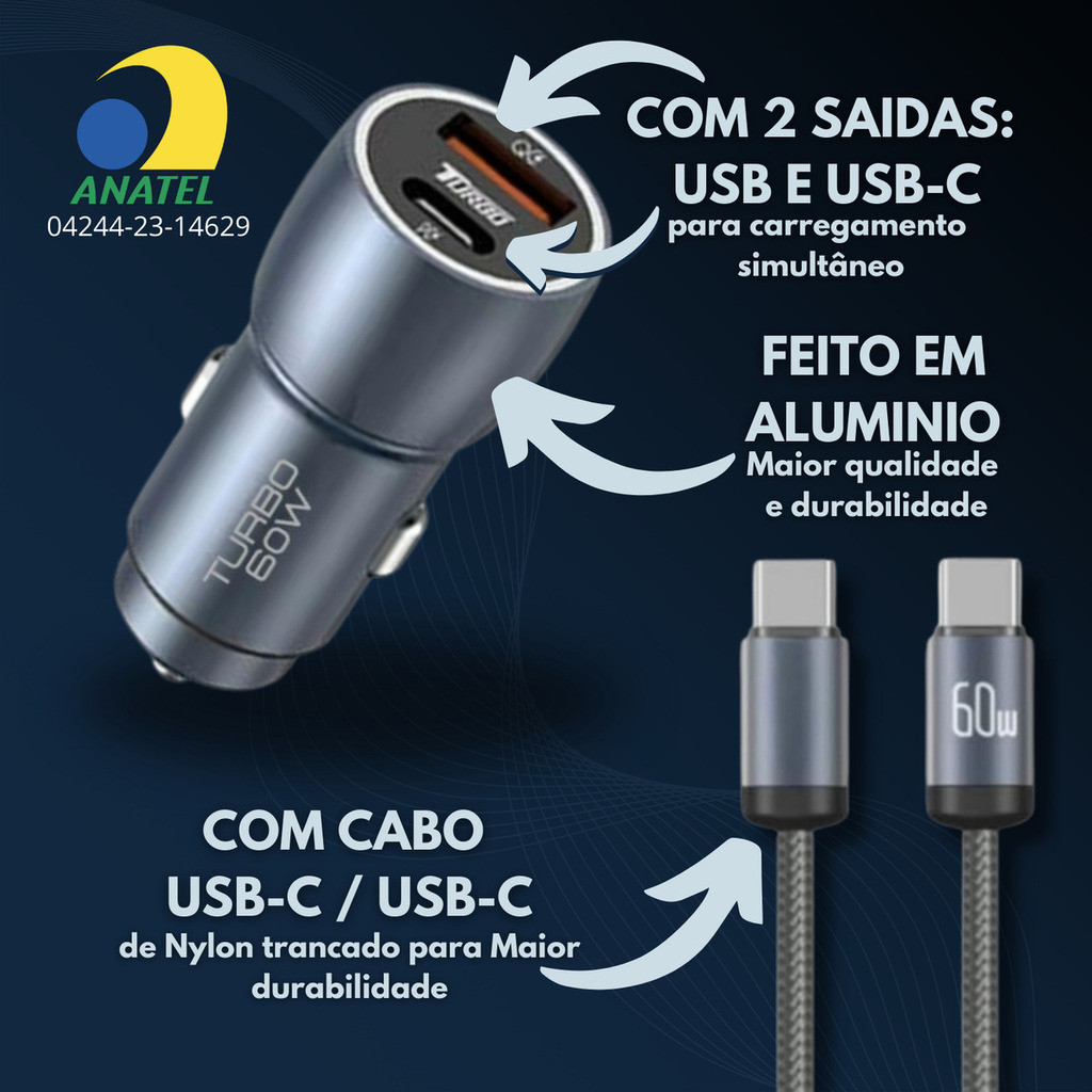 KIT CARREGADOR VEICULAR COM CABO TIPO C CJ13-3 A'GOLD