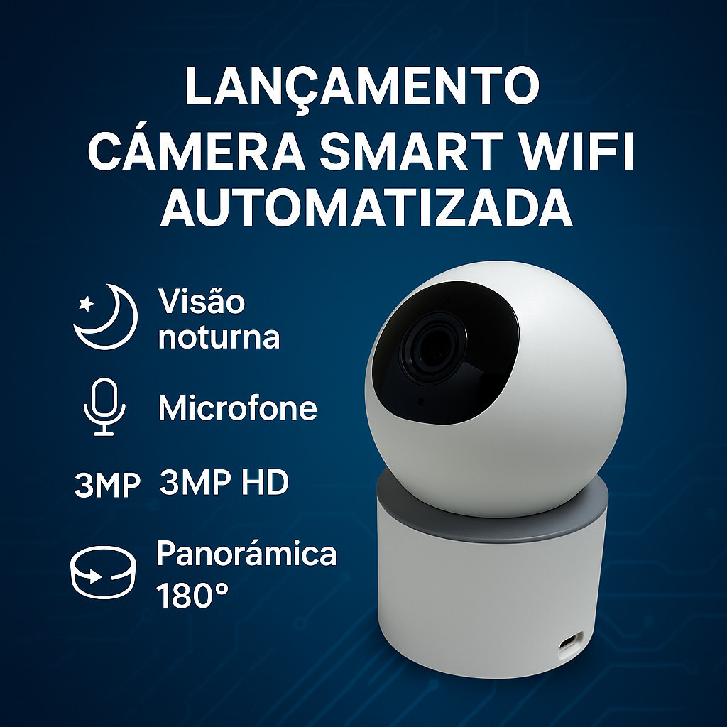 Câmera de Segurança Sem Fio 3MP Wi-Fi HD com Controle via Celular, Tuya e Smart Life, Áudio e Noturna