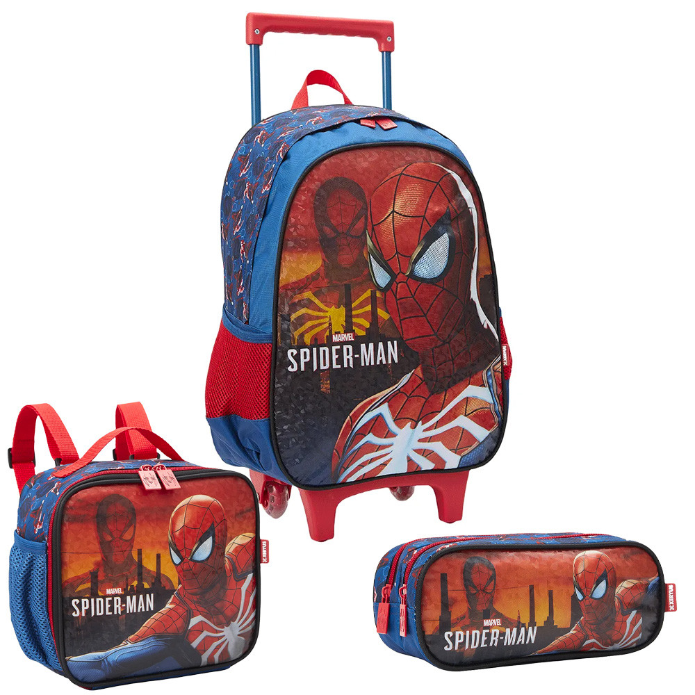 Kit Escolar Mochila De Rodinhas Lancheira Estojo Spider Man
