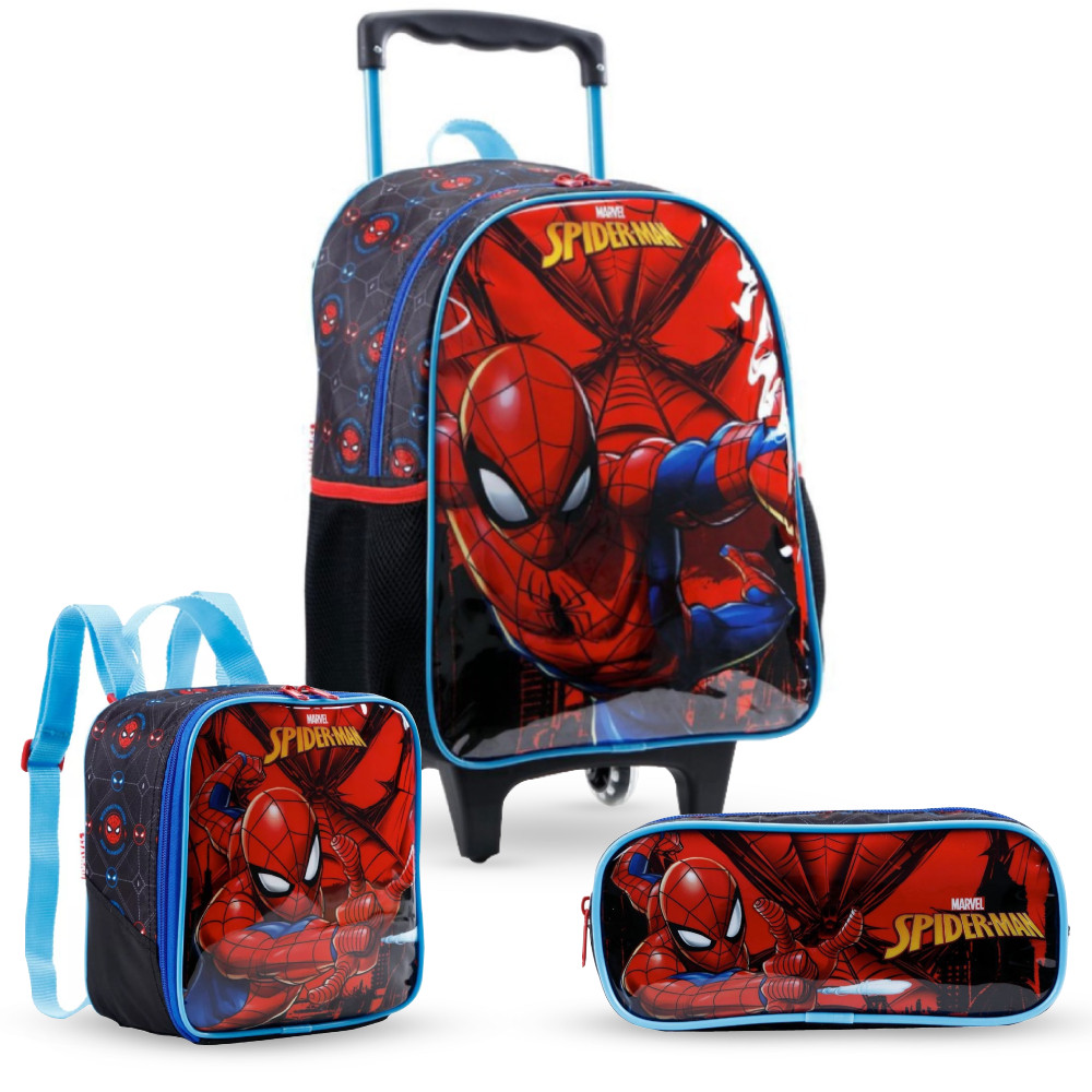 Kit Mochila De Rodinhas Lancheira E Estojo Spider Man X2