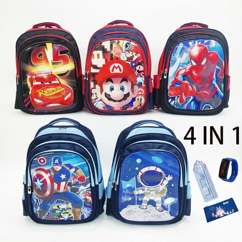 Conjunto 4 Em 1 McQueen Spiderman Capitão América Mario Mochilas Escolares Primárias Para Meninos E Crianças