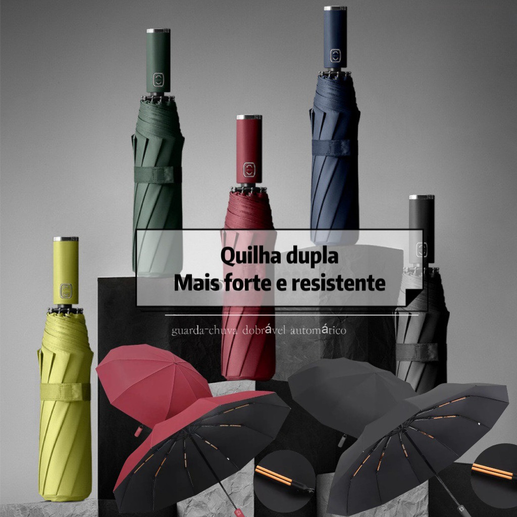 Automatic Folding Umbrella Windproof Double Rib Reinforced Compact Rain Umbrella for Men Women