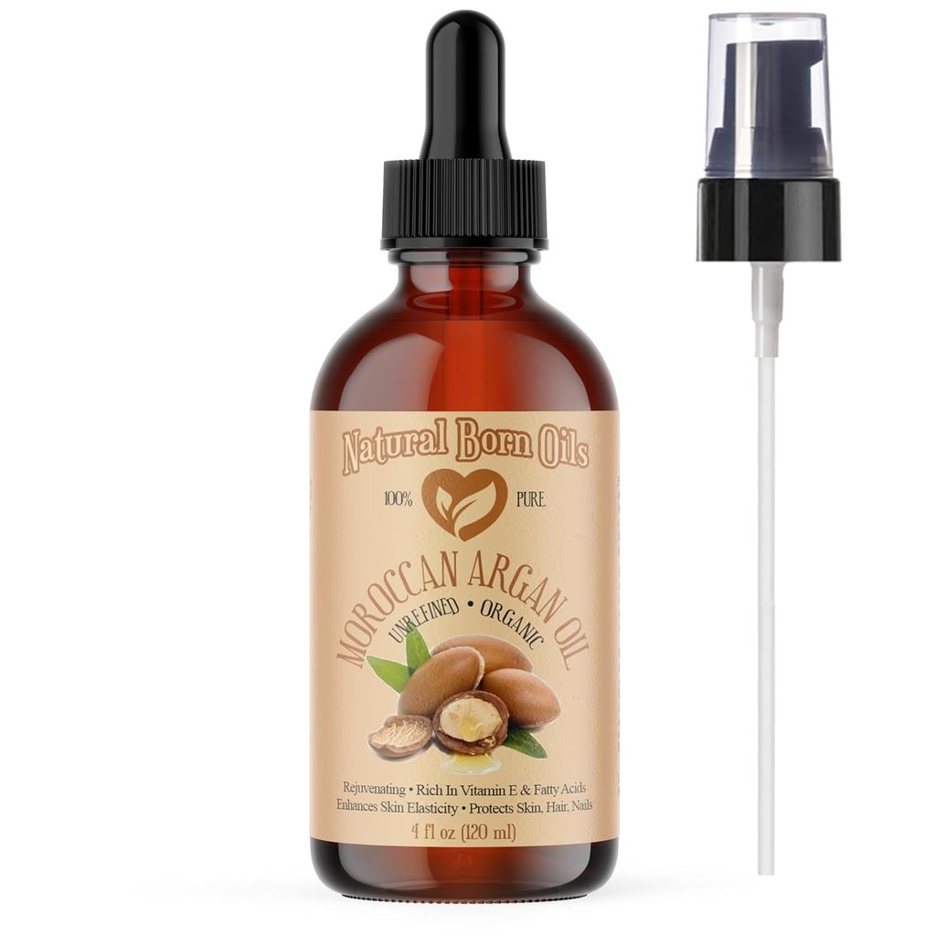 Natural Born Oils Moroccan Argan Oil. 4oz. 100% Pure and Natural, Cold-pressed, Organic. Natural Moisturizer for Your Sk