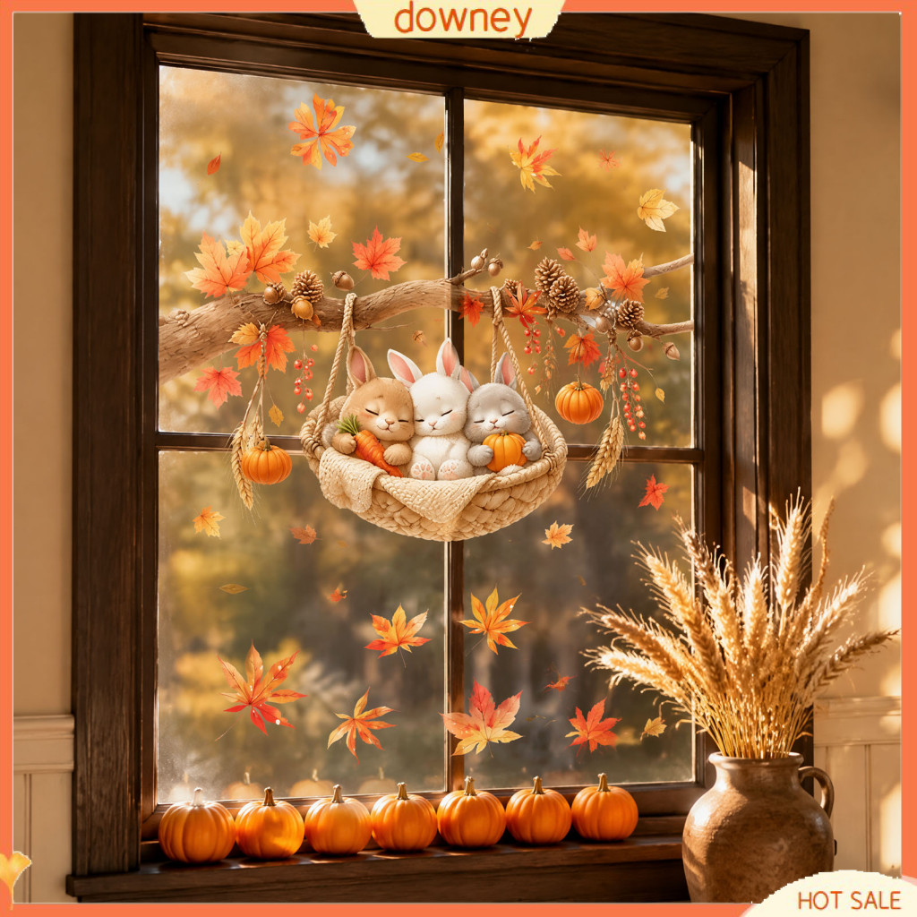 2pcs Autumn Maple Leaves Window Stickers Squirrel Hedgehog Rabbit Raccoon Pvc Waterproof Static Clings for Home Store Gl