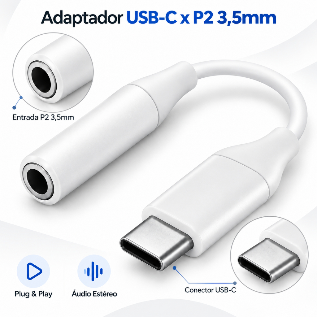 Adaptador USB-C Para Fone de Ouvido P2 P3 3.5mm Tipo C H'Maston