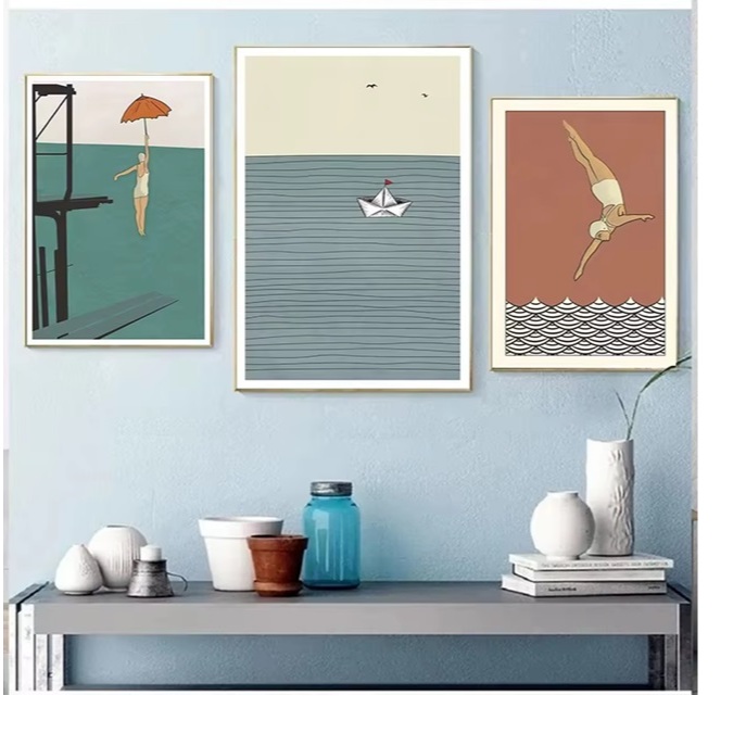 Quadros decorativos Vintage Surfing Beach Poster, pintura abstrata feminina Diver (3 peças)