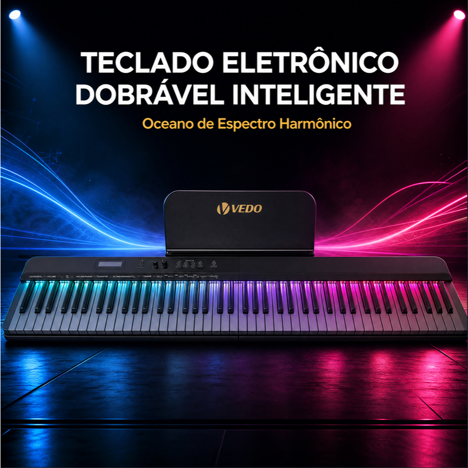 Teclado eletrônico inteligente dobrável com encaixe magnético: 128 timbres, 160 ritmos, 30 músicas de demonstração, doi