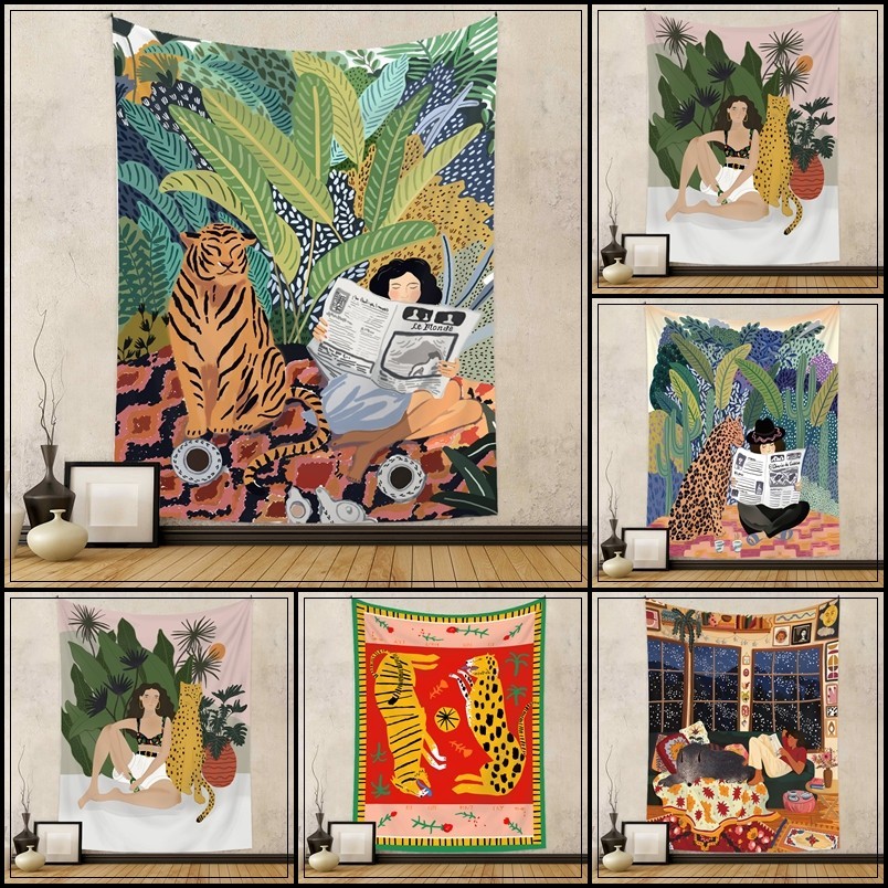 Home Tapeçaria Boêmia Tapeçaria Tigre Mulher Padrão Quarto Decoração Fundo Tapeçaria ins Style Tapestry ins Tapestry