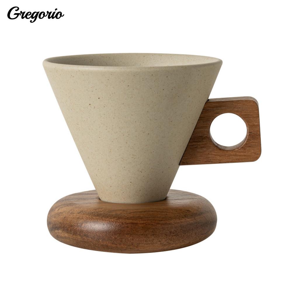 Vintage Coffee Mug Specialty Drink Ceramic with Wooden Handle Saucer – Unique Conical Tea Cup Stable Design Perfect Gi