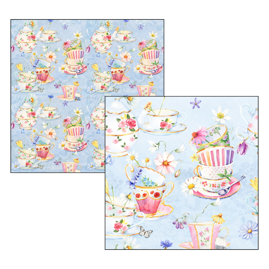 Kit 2 Guardanapos para Decoupage 33x33 Tea Cups Blue – Xícaras Vintage Floral Papel para Artesanato