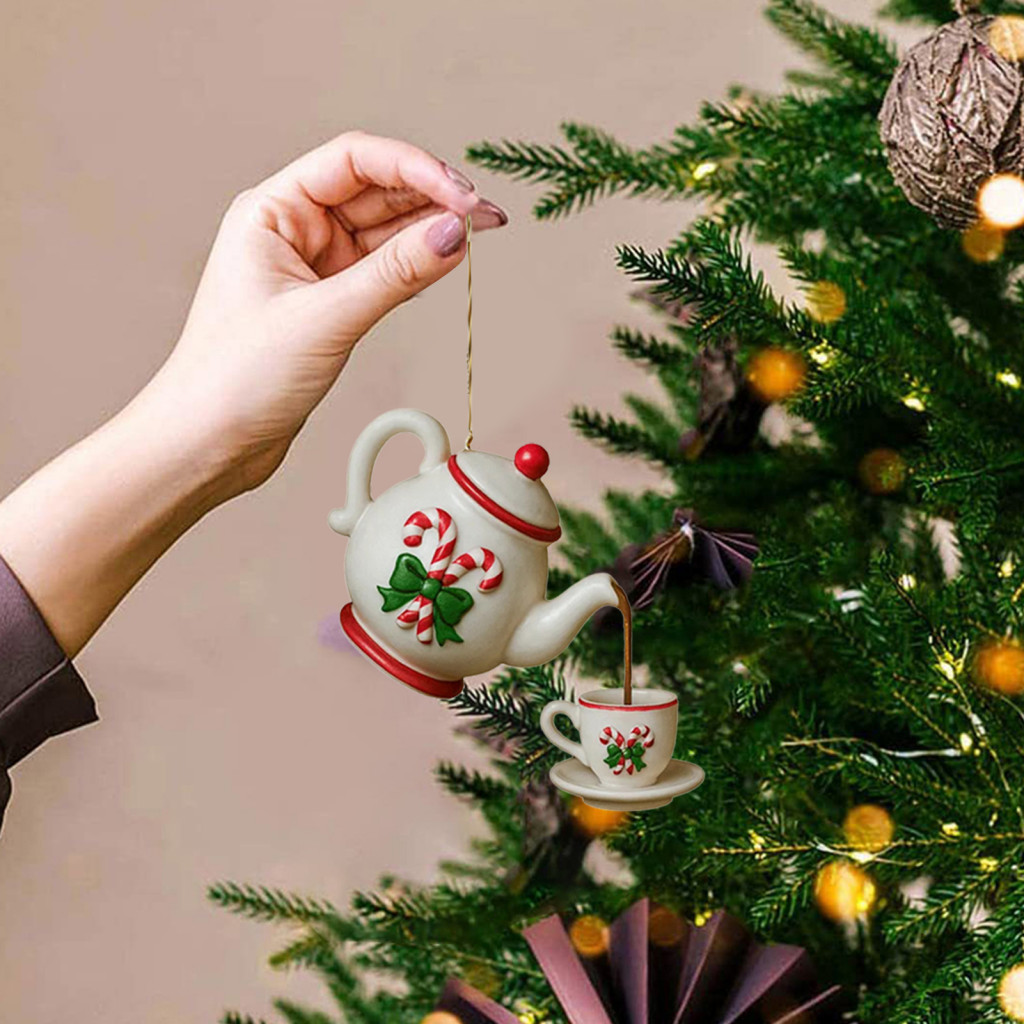 Christmas Tree Teapot Set Vintage Ornament with Pouring Tea Effect – Hanging Cup Pot Decor Perfect Holiday Gift for Lo
