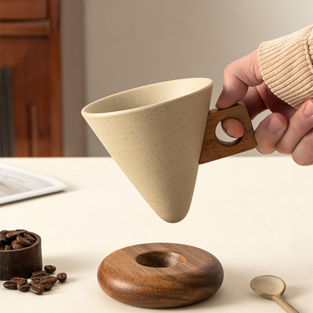 Spill Proof Coffee Cup Vintage Mug Ceramic with Wooden Handle Saucer – Unique Conical Tea Stable Design Perfect Gift f